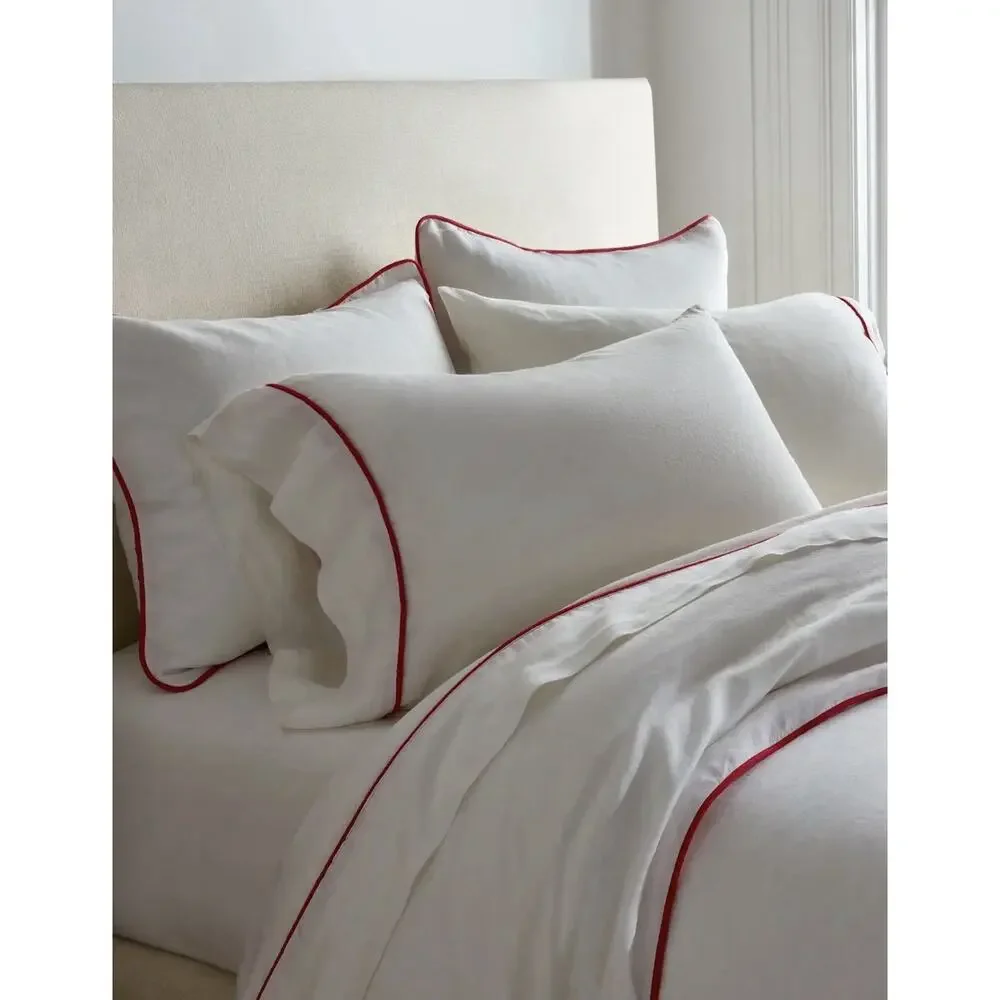Quince European Linen Piped Duvet Cover Full Queen White Cherry NWOT Linen